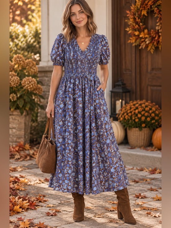 Sugarlips Dresses & Skirts - Sugarlips Bruceton Floral Brenty Smocked Midi Dress Brown Blue Size Medium NWT